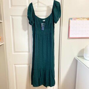 Hollister Dark Green Floral Pattern Maxi Dress XL Short Puff Sleeves